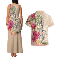 Hawaiian Tropical Flowers and Tribal Turtles Couples Matching Tank Maxi Dress and Hawaiian Shirt Polynesian Art Motifs Beige Color LT03 - Polynesian Pride