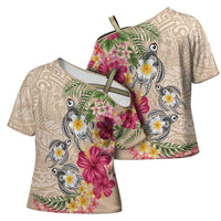 Hawaiian Tropical Flowers and Tribal Turtles Cross Shoulder Shirt Polynesian Art Motifs Beige Color LT03 - Polynesian Pride