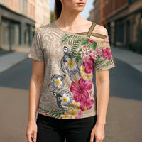 Hawaiian Tropical Flowers and Tribal Turtles Cross Shoulder Shirt Polynesian Art Motifs Beige Color LT03 - Polynesian Pride