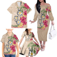 Hawaiian Tropical Flowers and Tribal Turtles Family Matching Off The Shoulder Long Sleeve Dress and Hawaiian Shirt Polynesian Art Motifs Beige Color LT03 - Polynesian Pride