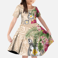 Hawaiian Tropical Flowers and Tribal Turtles Family Matching Off Shoulder Maxi Dress and Hawaiian Shirt Polynesian Art Motifs Beige Color LT03 Daughter's Dress Beige - Polynesian Pride