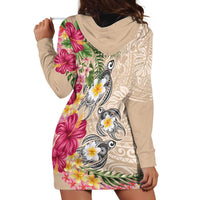 Hawaiian Tropical Flowers and Tribal Turtles Hoodie Dress Polynesian Art Motifs Beige Color LT03 - Polynesian Pride