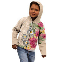 Hawaiian Tropical Flowers and Tribal Turtles Kid Hoodie Polynesian Art Motifs Beige Color LT03 - Polynesian Pride