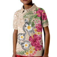 Hawaiian Tropical Flowers and Tribal Turtles Kid Polo Shirt Polynesian Art Motifs Beige Color LT03 Kid Beige - Polynesian Pride