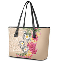 Hawaiian Tropical Flowers and Tribal Turtles Leather Tote Bag Polynesian Art Motifs Beige Color LT03 - Polynesian Pride