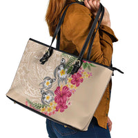 Hawaiian Tropical Flowers and Tribal Turtles Leather Tote Bag Polynesian Art Motifs Beige Color LT03 - Polynesian Pride