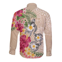 Hawaiian Tropical Flowers and Tribal Turtles Long Sleeve Button Shirt Polynesian Art Motifs Beige Color LT03 - Polynesian Pride