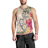 Hawaiian Tropical Flowers and Tribal Turtles Men Tank Top Polynesian Art Motifs Beige Color LT03 - Polynesian Pride