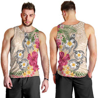 Hawaiian Tropical Flowers and Tribal Turtles Men Tank Top Polynesian Art Motifs Beige Color LT03 - Polynesian Pride
