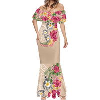 Hawaiian Tropical Flowers and Tribal Turtles Mermaid Dress Polynesian Art Motifs Beige Color LT03 - Polynesian Pride