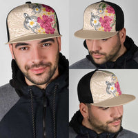 Hawaiian Tropical Flowers and Tribal Turtles Mesh Trucker Cap Polynesian Art Motifs Beige Color LT03 - Polynesian Pride