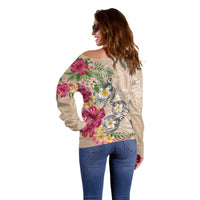 Hawaiian Tropical Flowers and Tribal Turtles Off Shoulder Sweater Polynesian Art Motifs Beige Color LT03 - Polynesian Pride