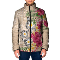 Hawaiian Tropical Flowers and Tribal Turtles Padded Jacket Polynesian Art Motifs Beige Color LT03 Men Beige - Polynesian Pride