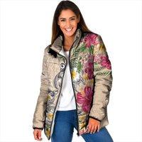 Hawaiian Tropical Flowers and Tribal Turtles Padded Jacket Polynesian Art Motifs Beige Color LT03 Women Beige - Polynesian Pride