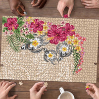 Hawaiian Tropical Flowers and Tribal Turtles Puzzle Polynesian Art Motifs Beige Color LT03 - Polynesian Pride