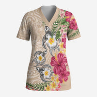 Hawaiian Tropical Flowers and Tribal Turtles Scrub Top Polynesian Art Motifs Beige Color LT03 Adult Beige - Polynesian Pride