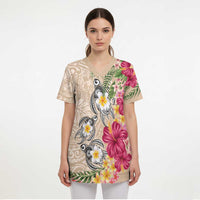 Hawaiian Tropical Flowers and Tribal Turtles Scrub Top Polynesian Art Motifs Beige Color LT03 - Polynesian Pride