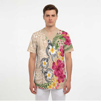 Hawaiian Tropical Flowers and Tribal Turtles Scrub Top Polynesian Art Motifs Beige Color LT03 - Polynesian Pride