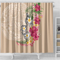Hawaiian Tropical Flowers and Tribal Turtles Shower Curtain Polynesian Art Motifs Beige Color LT03 - Polynesian Pride