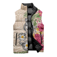 Hawaiian Tropical Flowers and Tribal Turtles Sleeveless Puffer Jacket Polynesian Art Motifs Beige Color LT03 - Polynesian Pride