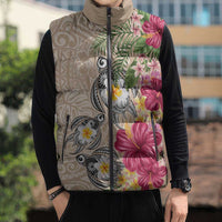 Hawaiian Tropical Flowers and Tribal Turtles Sleeveless Puffer Jacket Polynesian Art Motifs Beige Color LT03 - Polynesian Pride