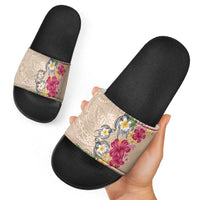 Hawaiian Tropical Flowers and Tribal Turtles Slide Sandals Polynesian Art Motifs Beige Color LT03 - Polynesian Pride