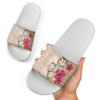Hawaiian Tropical Flowers and Tribal Turtles Slide Sandals Polynesian Art Motifs Beige Color LT03 - Polynesian Pride
