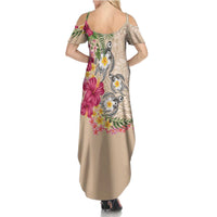 Hawaiian Tropical Flowers and Tribal Turtles Summer Maxi Dress Polynesian Art Motifs Beige Color LT03 - Polynesian Pride