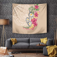 Hawaiian Tropical Flowers and Tribal Turtles Tapestry Polynesian Art Motifs Beige Color LT03 Beige - Polynesian Pride