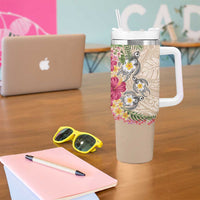 Hawaiian Tropical Flowers and Tribal Turtles Tumbler With Handle Polynesian Art Motifs Beige Color LT03 - Polynesian Pride