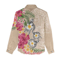 Hawaiian Tropical Flowers and Tribal Turtles Women Casual Shirt Polynesian Art Motifs Beige Color LT03 - Polynesian Pride