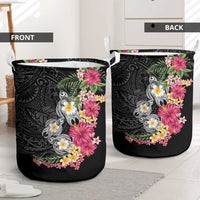 Hawaiian Tropical Flowers and Tribal Turtles Laundry Basket Polynesian Art Motifs Black Color LT03 - Polynesian Pride