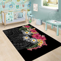 Hawaiian Tropical Flowers and Tribal Turtles Area Rug Polynesian Art Motifs Black Color LT03 - Polynesian Pride