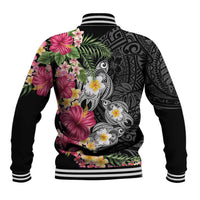Hawaiian Tropical Flowers and Tribal Turtles Baseball Jacket Polynesian Art Motifs Black Color LT03 - Polynesian Pride