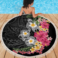 Hawaiian Tropical Flowers and Tribal Turtles Beach Blanket Polynesian Art Motifs Black Color LT03 - Polynesian Pride