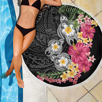 Hawaiian Tropical Flowers and Tribal Turtles Beach Blanket Polynesian Art Motifs Black Color LT03 - Polynesian Pride