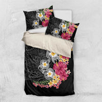 Hawaiian Tropical Flowers and Tribal Turtles Bedding Set Polynesian Art Motifs Black Color LT03 US Twin 172cm x 218cm Black - Polynesian Pride