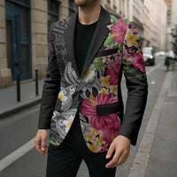 Hawaiian Tropical Flowers and Tribal Turtles Blazer Polynesian Art Motifs Black Color LT03 - Polynesian Pride