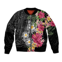 Hawaiian Tropical Flowers and Tribal Turtles Bomber Jacket Polynesian Art Motifs Black Color LT03 Unisex Black - Polynesian Pride