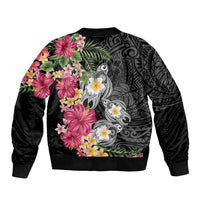 Hawaiian Tropical Flowers and Tribal Turtles Bomber Jacket Polynesian Art Motifs Black Color LT03 - Polynesian Pride