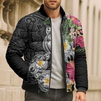 Hawaiian Tropical Flowers and Tribal Turtles Bomber Puffer Jacket Polynesian Art Motifs Black Color LT03 - Polynesian Pride