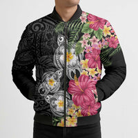 Hawaiian Tropical Flowers and Tribal Turtles Bomber Puffer Jacket Polynesian Art Motifs Black Color LT03 - Polynesian Pride