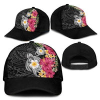 Hawaiian Tropical Flowers and Tribal Turtles Classic Cap Polynesian Art Motifs Black Color LT03 - Polynesian Pride
