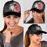 Hawaiian Tropical Flowers and Tribal Turtles Classic Cap Polynesian Art Motifs Black Color LT03 - Polynesian Pride
