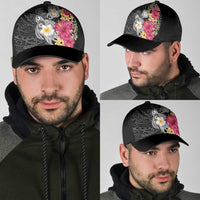 Hawaiian Tropical Flowers and Tribal Turtles Classic Cap Polynesian Art Motifs Black Color LT03 - Polynesian Pride