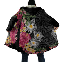 Hawaiian Tropical Flowers and Tribal Turtles Cloak Polynesian Art Motifs Black Color LT03 - Polynesian Pride