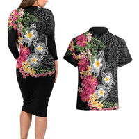 Hawaiian Tropical Flowers and Tribal Turtles Couples Matching Long Sleeve Bodycon Dress and Hawaiian Shirt Polynesian Art Motifs Black Color LT03 - Polynesian Pride