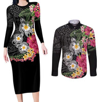 Hawaiian Tropical Flowers and Tribal Turtles Couples Matching Long Sleeve Bodycon Dress and Long Sleeve Button Shirt Polynesian Art Motifs Black Color LT03 Black - Polynesian Pride
