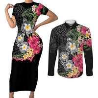 Hawaiian Tropical Flowers and Tribal Turtles Couples Matching Short Sleeve Bodycon Dress and Long Sleeve Button Shirt Polynesian Art Motifs Black Color LT03 Black - Polynesian Pride