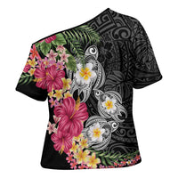 Hawaiian Tropical Flowers and Tribal Turtles Cross Shoulder Shirt Polynesian Art Motifs Black Color LT03 - Polynesian Pride